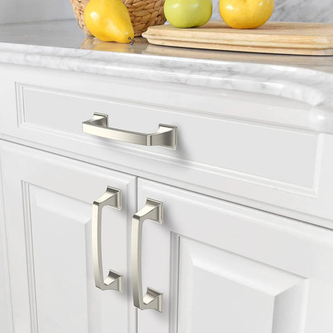 10 Pack Brushed Satin Nickel 3.75 Inch Hole Centers 96mm Cabinet Pulls installed on white kitchen cabinet
