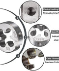 M8 X 1 Tap And Die Set HSS Straight Fluted Right Hand Threads Repair And Create New M8 Threads For Metalworking Projects Includes Tap And Die For Rethreading And Precision Threading In Steel And Aluminum Pro Grade Handy For Quick Jobs, showing die with conical locking hole and clear thread precision cutting.