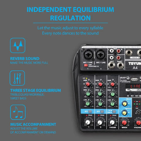 Close-up of Four Channel Portable Mixer With Four XLR And TRS Mic Line Inputs And Two RCA Stereo Inputs Featuring 24 DSP Effects