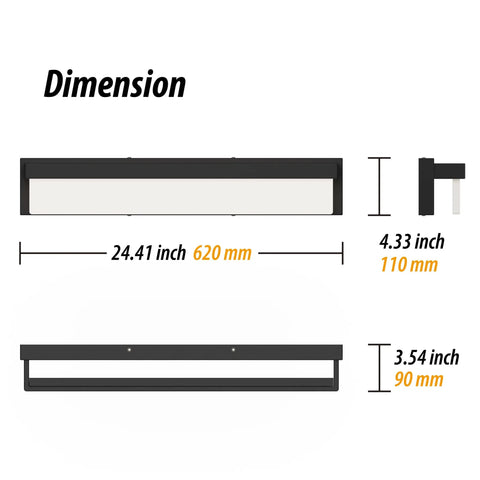 Dimensions of LED Bathroom Vanity Light Fixture Over Mirror 24.4 Inch Modern Rectangle Black Matte Metal Lighting Bar 4000K Daylight.