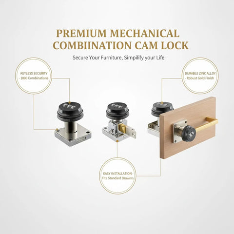 Keyless Mechanical Combination Cam Lock in Gold Zinc Alloy for Drawers and Cabinets, Durable 1 Pack, Easy Install