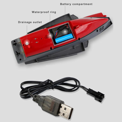Remote Controlled Warship Battle Boat with drainage outlet and battery compartment, includes USB charging cable, ideal for exhibits