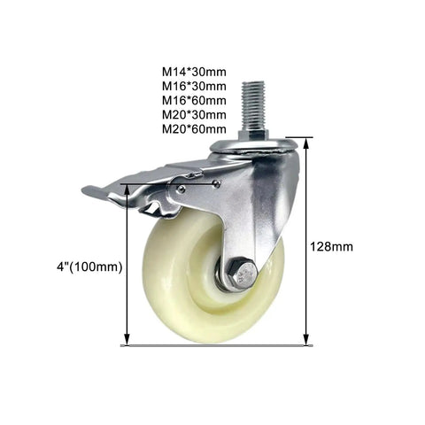 Heavy Duty Caster Wheels With Brakes Industrial Swivel Casters With Threaded Stem, 4-inch nylon wheel, dimensions shown