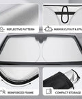 Foldable Windshield Sun Shade For Tesla Cybertruck 2024 displayed, highlighting reflective pattern, mirror cutout, and compact storage feature.