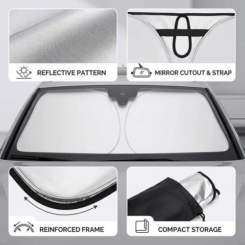 Foldable Windshield Sun Shade For Tesla Cybertruck 2024 displayed, highlighting reflective pattern, mirror cutout, and compact storage feature.