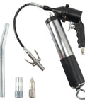 Heavy Duty Pneumatic Grease Gun Workhorse with 6000 PSI high pressure air, 18 inch hose, and attachments for tough lubrication jobs