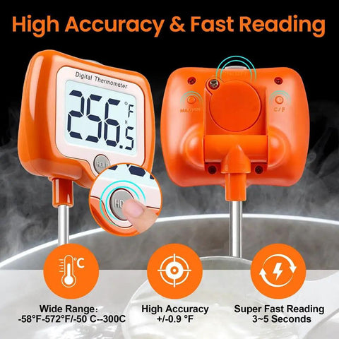 Digital Deep Fry Thermometer With Rotatable Display, 10 Inch Probe, high accuracy display, temperature reading at 256.6°F