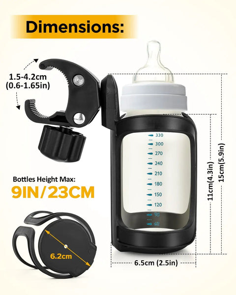 Pack Of 2 Stroller Cup Holders Universal Drinks Holder with dimensions showing compatibility with bottles up to 23cm tall