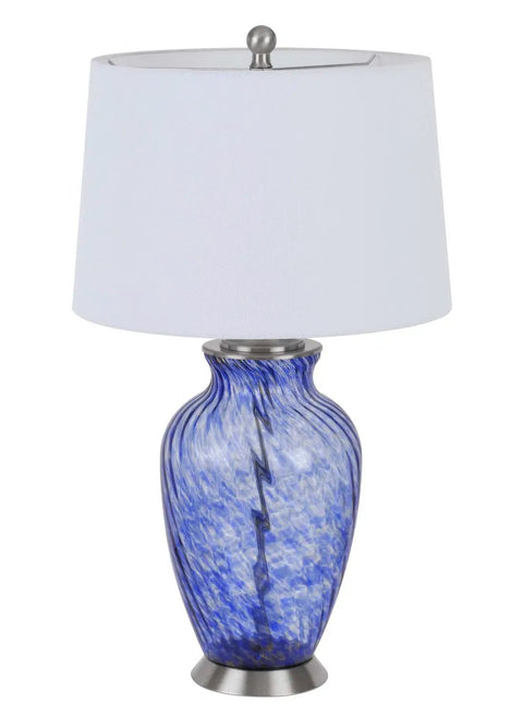 28 Inch Sky Blue Hand Blown Glass Table Lamp With Ginger Jar Twist, rip finish and wave pattern, white linen shade