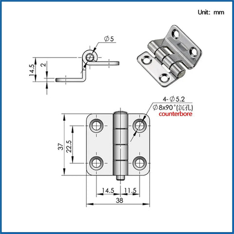 Heavy Duty 304 Stainless Steel Foldable Right Angle Hinge For Equipment Cabinets And Doors, technical diagram and dimensions