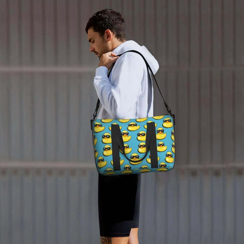 Man carrying Laptop Tote Bag For Women Work Weekender With Dope Cool Duck Sunglasses Print Travel Duffle For Men