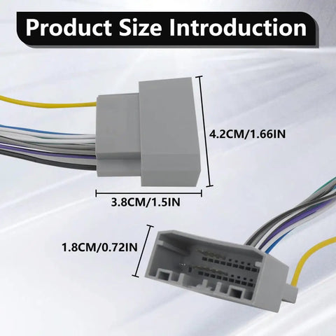 Grey wiring harness connectors with dimensions for Jeep Commander Compass and Grand Cherokee Wiring Harness Kit for 2008-2016.