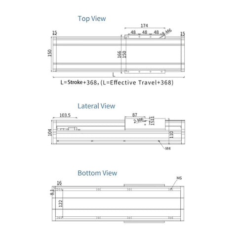 Precision Ball Screw Cnc Linear Guide Shaft Actuator Module Slide Table technical dimensions top lateral bottom views