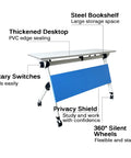 Grab This Game Changing Folding Computer Desk Featuring Heavy Duty Steel Frame And Scratch Resistant Top For Super Convenient Mobile Office Workstations In Bright Blue Color, showing features and design.