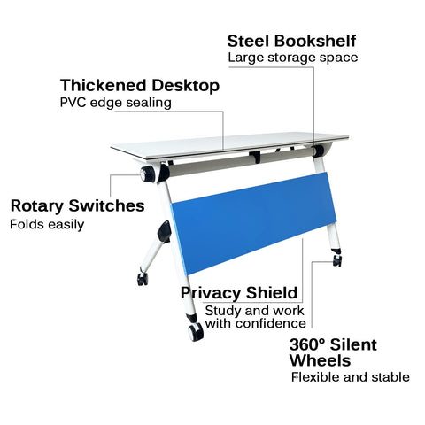 Grab This Game Changing Folding Computer Desk Featuring Heavy Duty Steel Frame And Scratch Resistant Top For Super Convenient Mobile Office Workstations In Bright Blue Color, showing features and design.