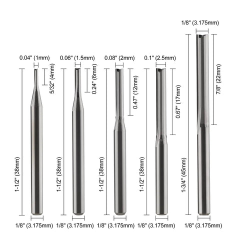 1/8 Inch Straight Router Bits Set For DIY Woodworkers And CNC Milling With 2 Flutes Double Edged Cutters, Includes 1.0mm 1.5mm 2.0mm 2.5mm 3.175mm Shanks, Tungsten Steel Bits Pro Grade For MDF PVC Acrylic Carving, Grooving, Slotting