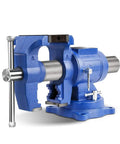 Six Inch Heavy Duty Bench Vise With Rotating Swivel Base And Head Built From Solid Cast Iron to show blue color and detailed design.