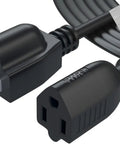 Close-up of a black Extra Long 12 Foot Power Extension Cord For Home Office And Studio Setup 18 AWG NEMA 5 15P To 5 15R, UL listed.