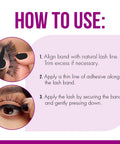 Instructional image showing how to use Dark Tone Quick Set Lash Adhesive For Strip And Individual Lashes, No-Fuss Fast-Drying Hold.