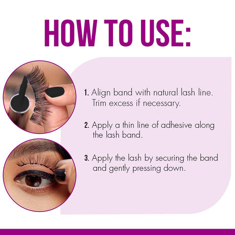 Instructional image showing how to use Dark Tone Quick Set Lash Adhesive For Strip And Individual Lashes, No-Fuss Fast-Drying Hold.