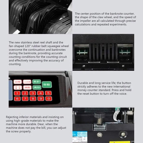 Hassle Free Money Counter With Advanced Infrared Bill Detector showing stainless steel reel shaft and display panel for accurate sorting.