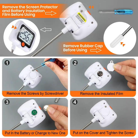 Digital Candy Thermometer With 10 Inch Long Probe And Pot Clip assembly instructions with screwdriver and battery setup.