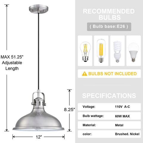 12 Inch LED Pendant Light 2 Pack Industrial Vintage Metal Chandeliers With Brushed Nickel Finish Ceiling Lamp For Kitchen Island Dining Room Farmhouse Bedroom Home Modern Rustic