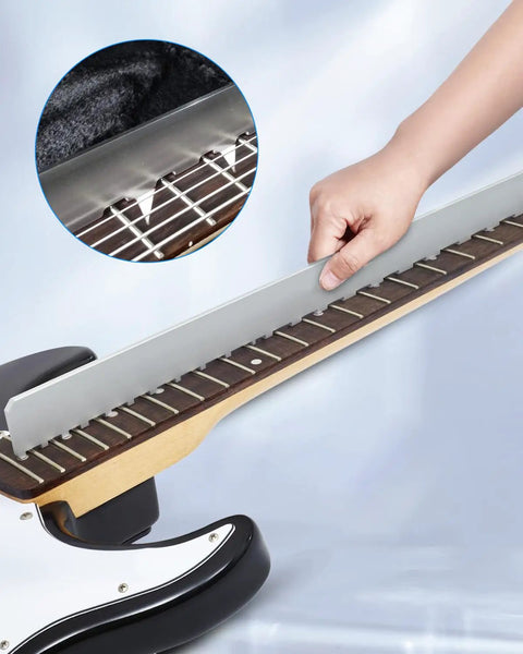 Upgrade Your Guitar Game With This Full 29 Piece Setup Kit Packed With A Sixteen Inch Fret Leveling Beam notched on guitar neck