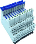 Industrial DIN Rail Relay For Control Panels And Equipment 0730 Model Compatible Beefy Rugged Housing For Dense Panel Layouts In Automation Projects Everyday. stack with blue caps and green LED indicators