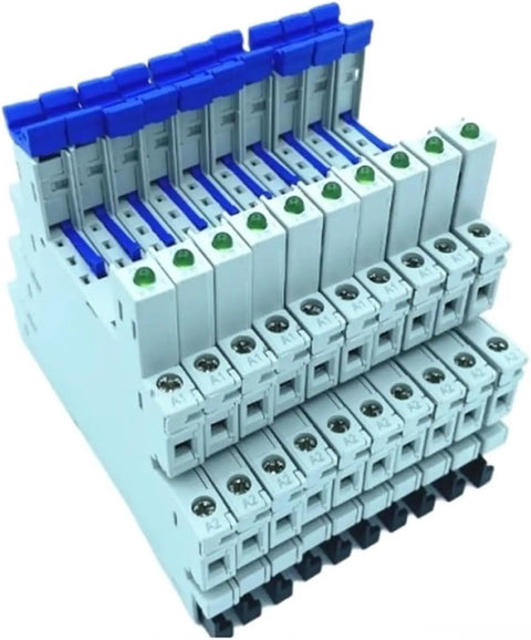 Industrial DIN Rail Relay For Control Panels And Equipment 0730 Model Compatible Beefy Rugged Housing For Dense Panel Layouts In Automation Projects Everyday. stack with blue caps and green LED indicators