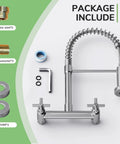 Rock Solid Wall Mount Kitchen Faucet With Smooth Dual Handles And No Fuss Two Function Spray For Laundry Or Commercial Sinks Built Tough From Lead Free Brushed Nickel Stainless Steel, installation parts laid out.