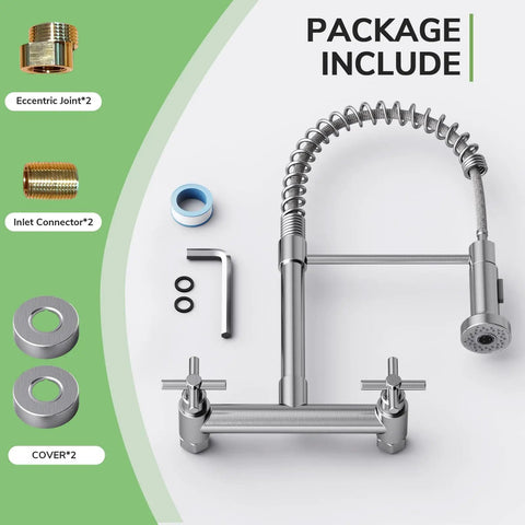 Rock Solid Wall Mount Kitchen Faucet With Smooth Dual Handles And No Fuss Two Function Spray For Laundry Or Commercial Sinks Built Tough From Lead Free Brushed Nickel Stainless Steel, installation parts laid out.