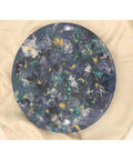 16 Inch Floral Resin Lazy Susan on Wood Serving Tray Base Blue Gold White Art Organizer on ivory fabric