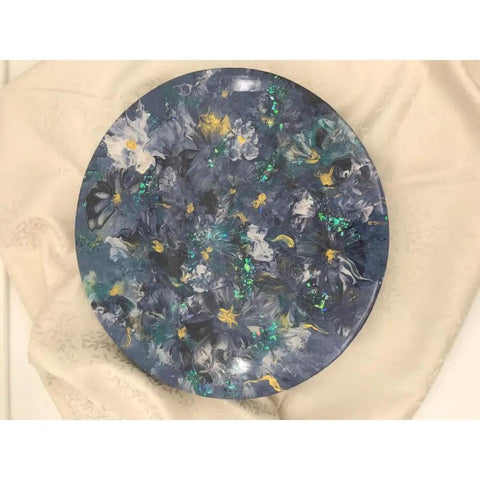 16 Inch Floral Resin Lazy Susan on Wood Serving Tray Base Blue Gold White Art Organizer on ivory fabric