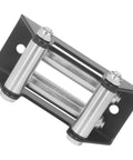 4 Way Winch Roller Fairlead Cable Guide For Smooth Wire Rope Operation 4500Lb High Strength Steel With Quick Install Design Improves Stability Reduces Friction And Keeps Your Winch Ready For Any Terrain., angled view of black and steel 4-way winch roller fairlead