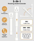 Adjustable Outlet Extender Stick With Flexible Rotating Head And Usb C Fast Charging Plus Two Extra Usb Ports And Dual Ac Receptacles For Tight Spaces No Sweat Setup Reach Every Corner, showing 5-in-1 design features.