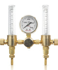 Dual Argon Regulator for TIG and MIG Welding With Flow Meter 0 to 60 CFH CGA580 brass body, visible pressure gauge and flow meters.