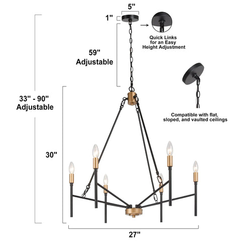 Bold Black 6 Light Modern Chandelier With Gold Finished Lamp Holders, Mid Century Ceiling Light for various ceiling types