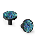 Close-up of Six Pack Iridescent Abalone Mosaic Cabinet Knobs With Black Base Dope Stone Look Drawer Pulls