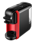Compact Automatic Espresso Maker With Instant Thermo Block Heating And Stainless Pro Pump, red and black design, compact size for kitchens or dorms.