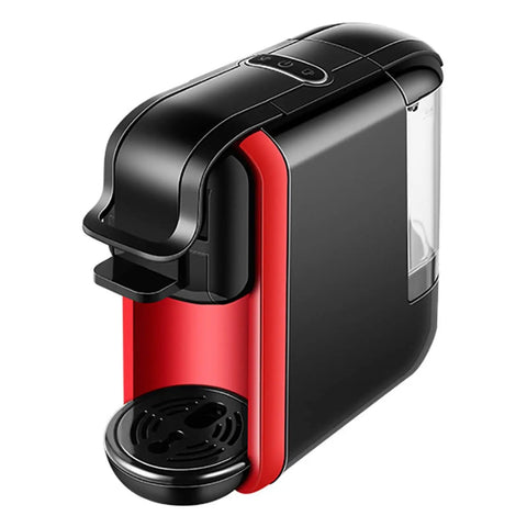 Compact Automatic Espresso Maker With Instant Thermo Block Heating And Stainless Pro Pump, red and black design, compact size for kitchens or dorms.