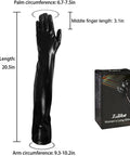 Damn Fine Black Pleather Over The Elbow Gloves Featuring Wet Look Sheen And Comfortable Stretch For Women Cosplay Photoshoots And Club Outings Absolute Fire Wear Vibe, size details shown.