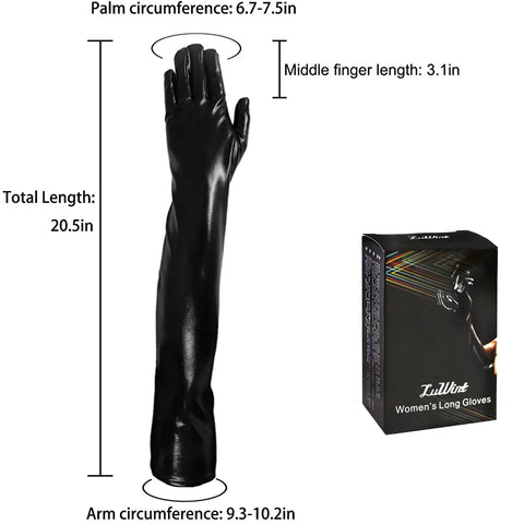 Damn Fine Black Pleather Over The Elbow Gloves Featuring Wet Look Sheen And Comfortable Stretch For Women Cosplay Photoshoots And Club Outings Absolute Fire Wear Vibe, size details shown.