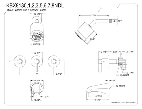 Technical drawing of NuvoFusion Three Handle Tub And Shower Faucet With Five Inch Tub Spout Polished Chrome Finish Washerless Cartridge