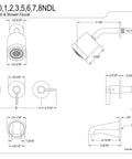 Technical diagram of NuvoFusion Three Handle Tub And Shower Faucet With Five Inch Tub Spout In Brushed Nickel Wall Mount Ready