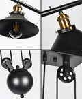Close-up of Three Light Pulley Pendant Island Light With Industrial Vintage Rustic Vibe showing bulb holder, pulley mechanism, and wire