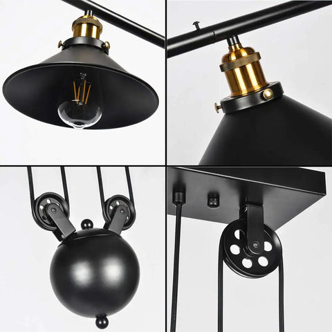 Close-up of Three Light Pulley Pendant Island Light With Industrial Vintage Rustic Vibe showing bulb holder, pulley mechanism, and wire