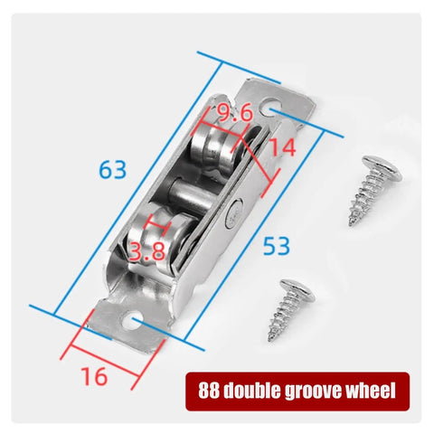88 Double Concave Pulleys and 77 Double Flat Rollers for Sliding Door and Window Tracks 16mm Stainless Steel Replacement Hardware close-up of 88 double groove wheel with measurements.