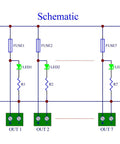 Schematic of 8 Channel DIN Rail Power Distribution Fuse Block For DC 5 To 32V, Plug And Play Top Wiring Terminal, Expandable System, 20A Per Channel And 20A Total, 7.62mm Pitch, Supports 26 To 10 AWG Wiring with fuses and LED indicators