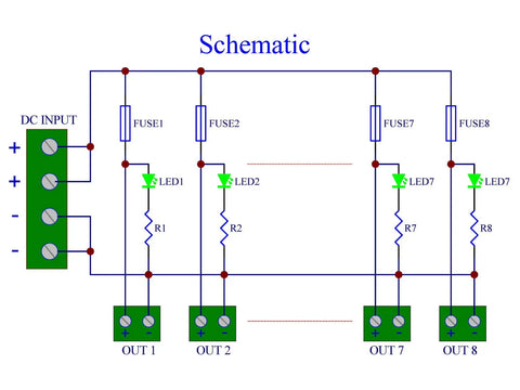 Schematic of 8 Channel DIN Rail Power Distribution Fuse Block For DC 5 To 32V, Plug And Play Top Wiring Terminal, Expandable System, 20A Per Channel And 20A Total, 7.62mm Pitch, Supports 26 To 10 AWG Wiring with fuses and LED indicators